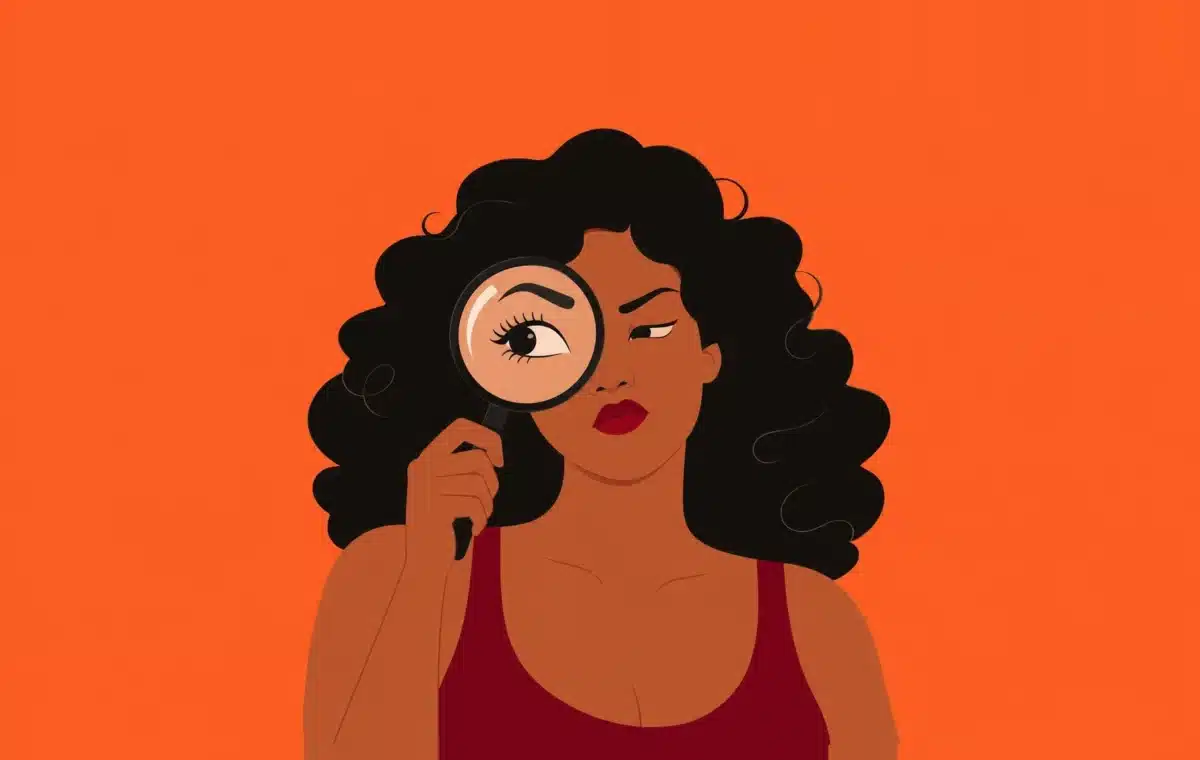 Illustration : une femme aux cheveux noirs bouclés observe à travers une loupe, l’air sceptique