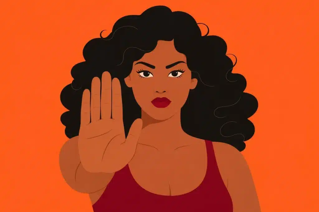 Illustration : une femme lève la main, paume ouverte, pour dire stop
