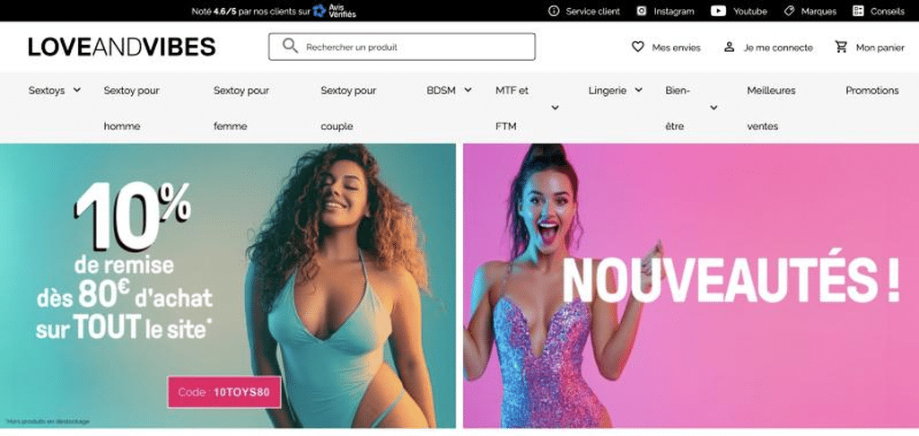 La page d’accueil de la boutique en ligne Love and Vibes