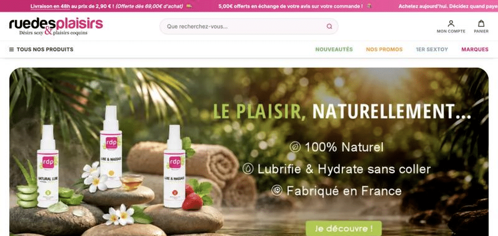 La page d’accueil de la boutique en ligne Rue des plaisirs