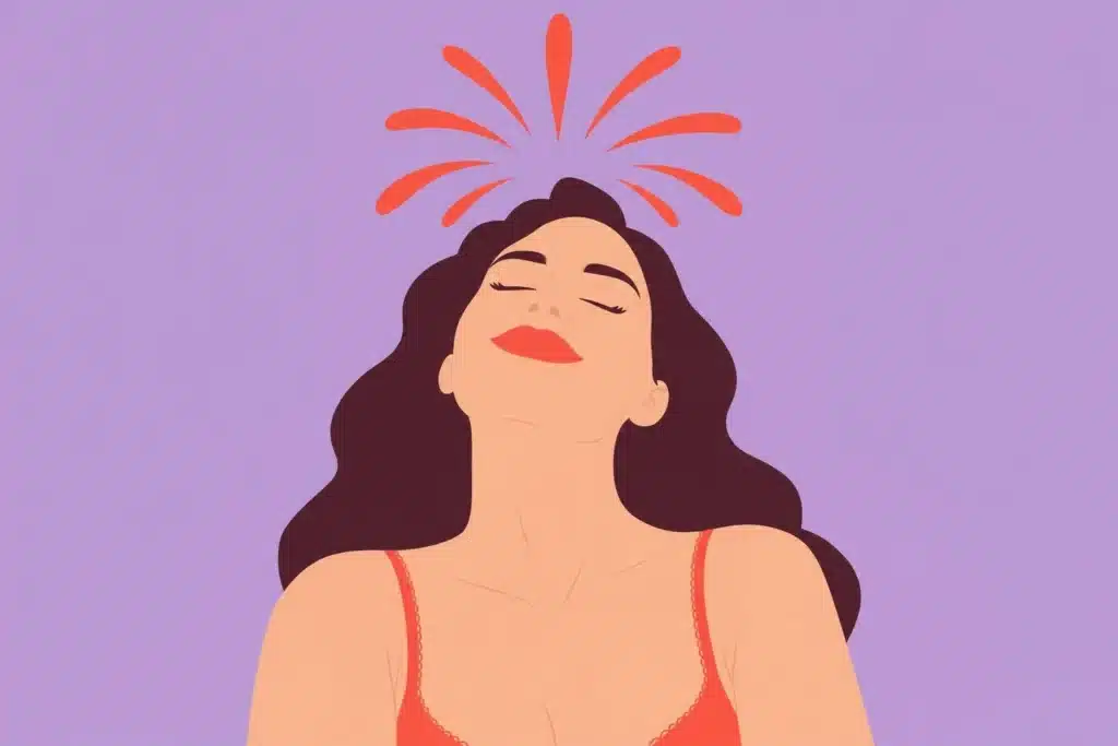 Illustration : une femme aux yeux fermés, souriante, un grand feu d’artifice au-dessus de la tête
