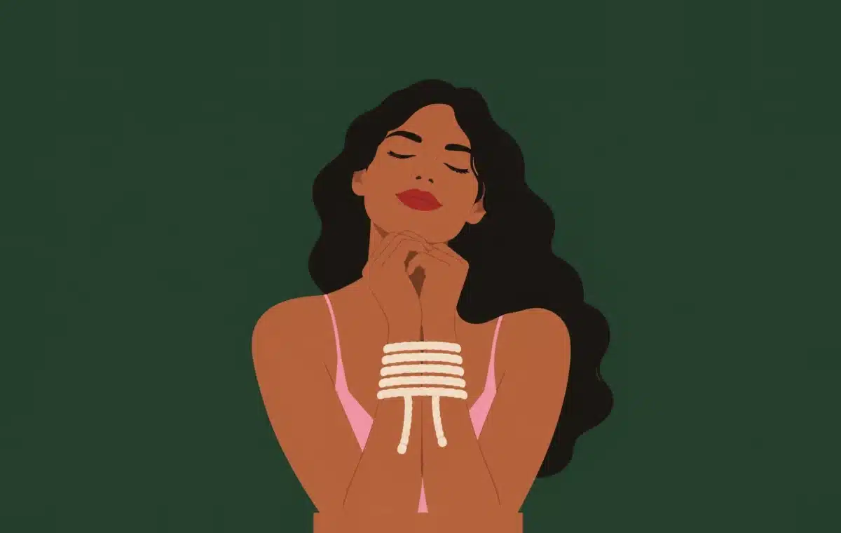 Illustration : une femme aux yeux fermés, les avant-bras entourés d’une corde claire