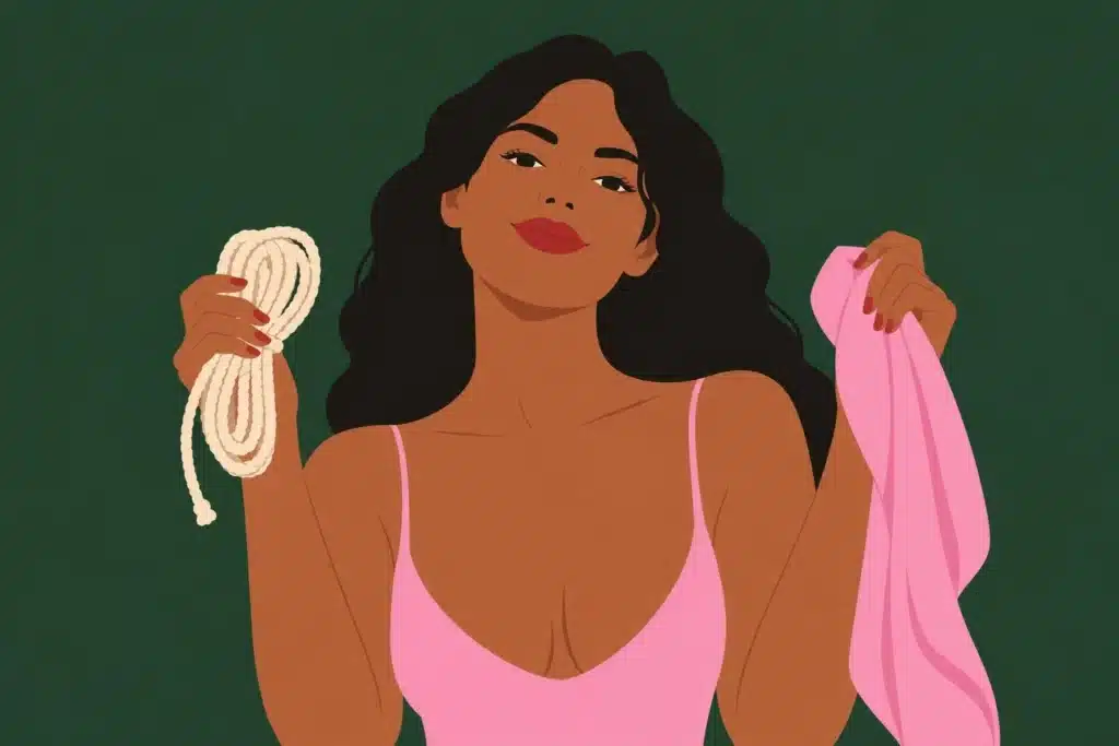 Illustration : une femme tient une corde enroulée dans une main et un foulard rose dans l’autre