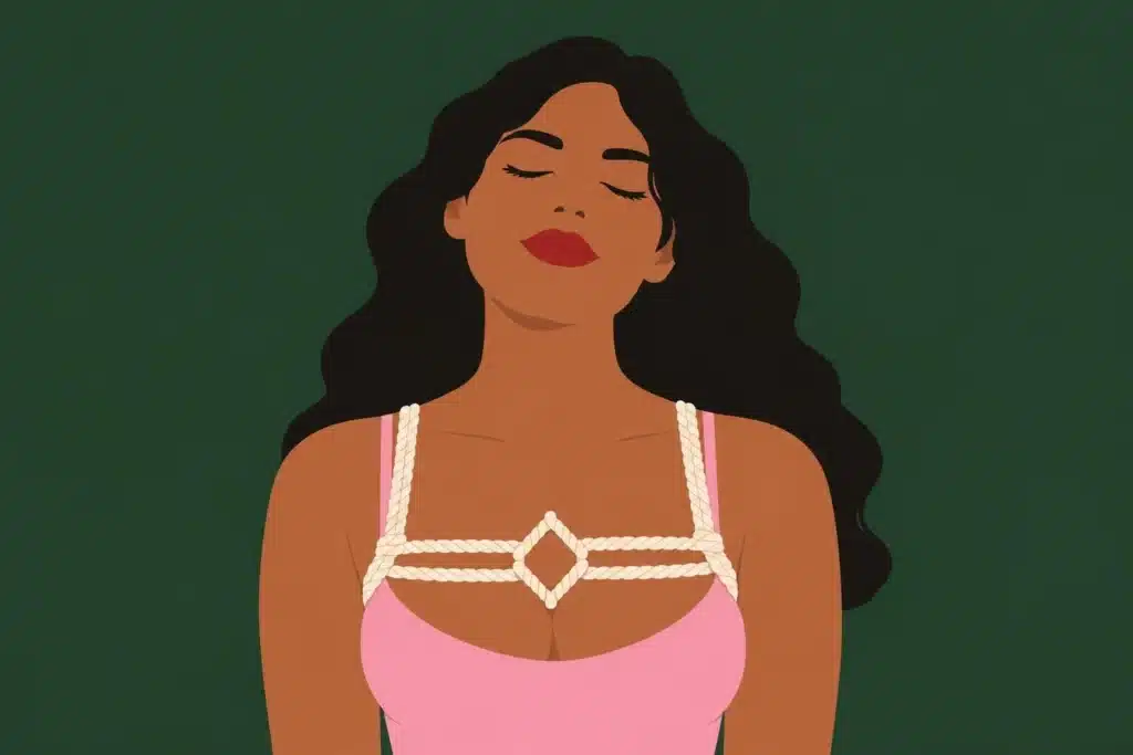 Illustration : une femme aux yeux fermés porte un harnais de corde claire noué sur la poitrine