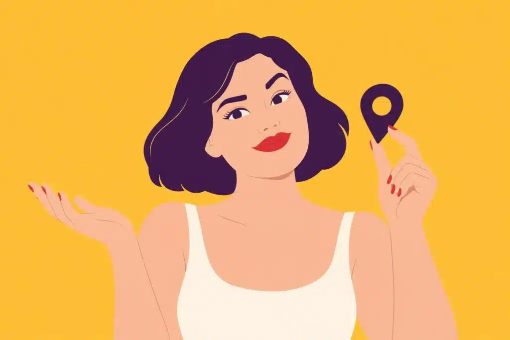 Illustration : une femme tient un repère de carte violet entre deux doigts et hausse l’autre main