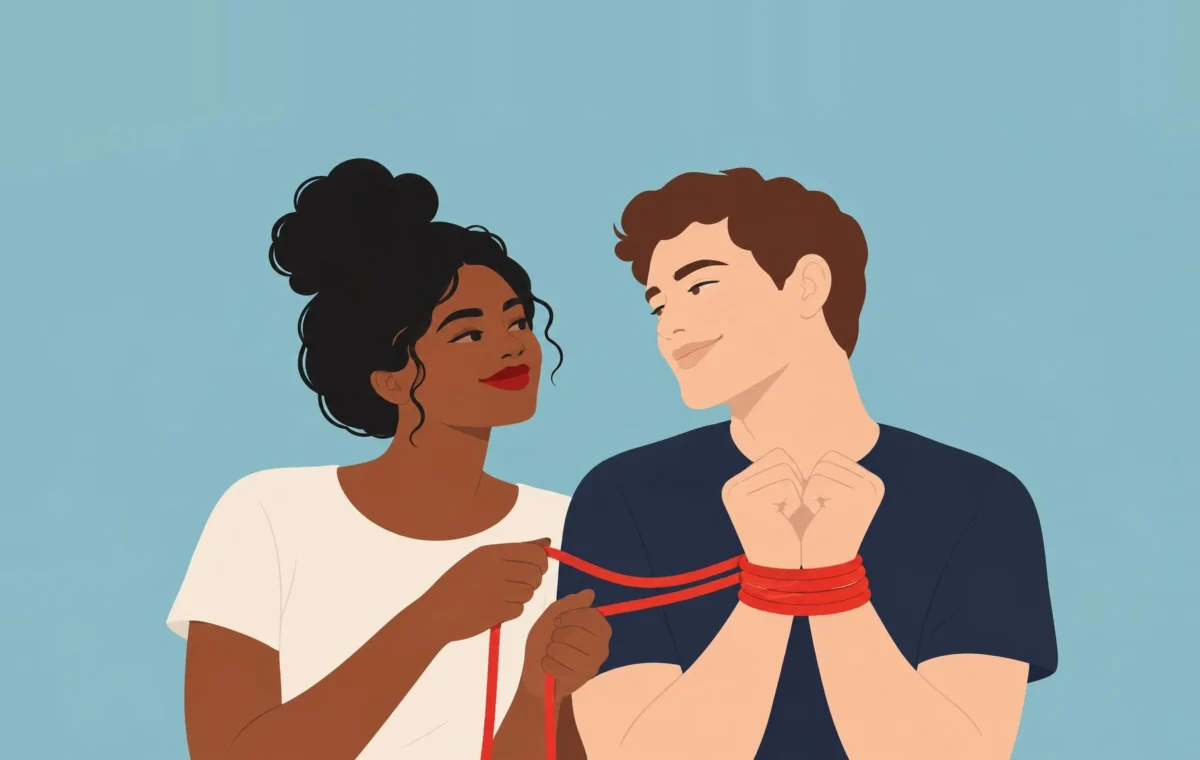 Illustration : une femme noue une corde rouge autour des poignets de son partenaire, tous deux se regardent en souriant