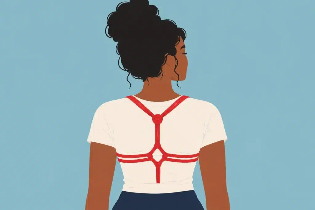 Illustration : une femme vue de dos porte un harnais de corde rouge noué par-dessus son tee-shirt