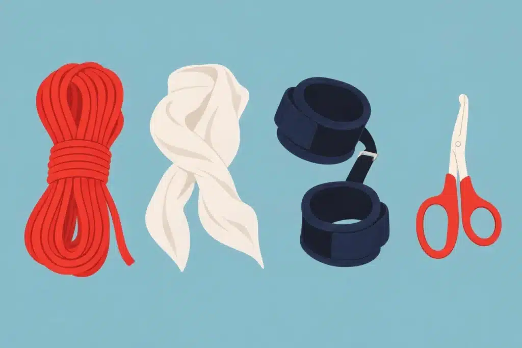 Illustration : une corde rouge enroulée, un foulard clair, des menottes à scratch et des ciseaux à bouts ronds