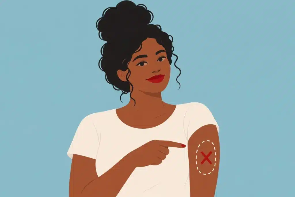 Illustration : une femme montre du doigt le milieu de son bras, marqué d’une croix rouge